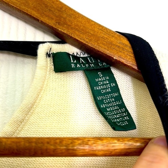 Lauren Ralph - Ivory Crewneck Black Contrast Trim Tie Back Lightweight Top Small - Picture 6 of 9